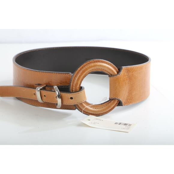 Vintage Camel Brown Leather Wide Waist Belt Made in Italy Boho Chic Size M - Picture 1 of 16
